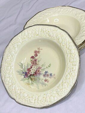 Crown Ducal Florentine Picardy Soup Bowls Set 4 18K Gold Border England Floral